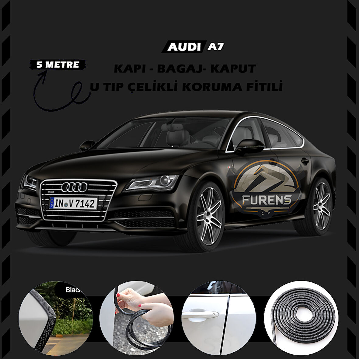 Audi A7 Oto Araç Kapı Koruma Fitili 5metre Parlak Siyah Renk