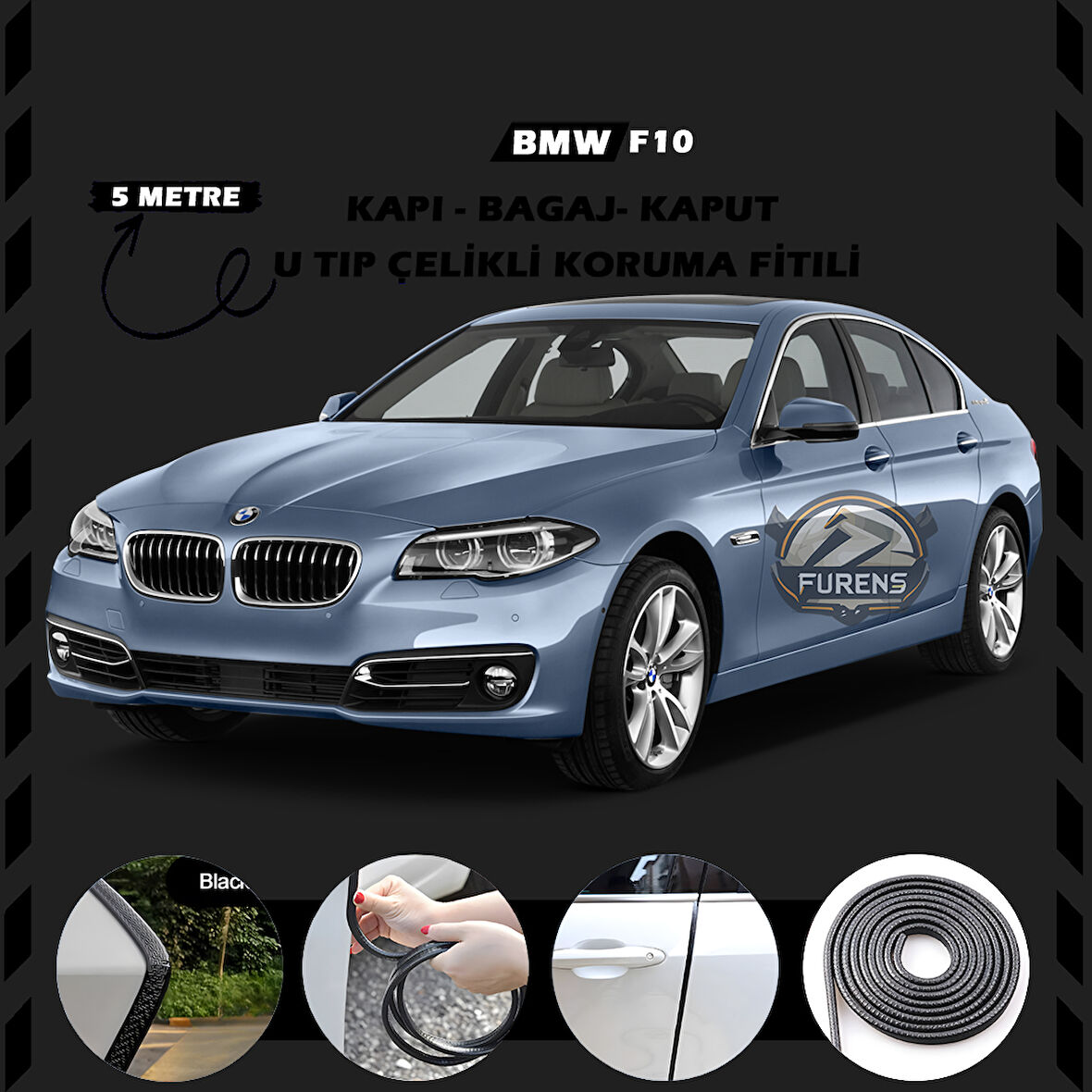 Bmw F10 Oto Araç Kapı Koruma Fitili 5metre Parlak Siyah Renk