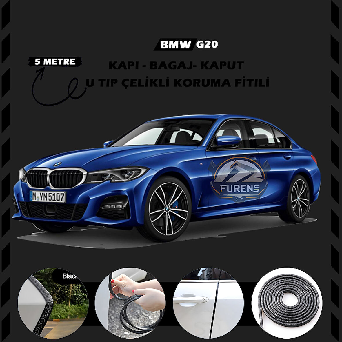 Bmw G20 Oto Araç Kapı Koruma Fitili 5metre Parlak Siyah Renk