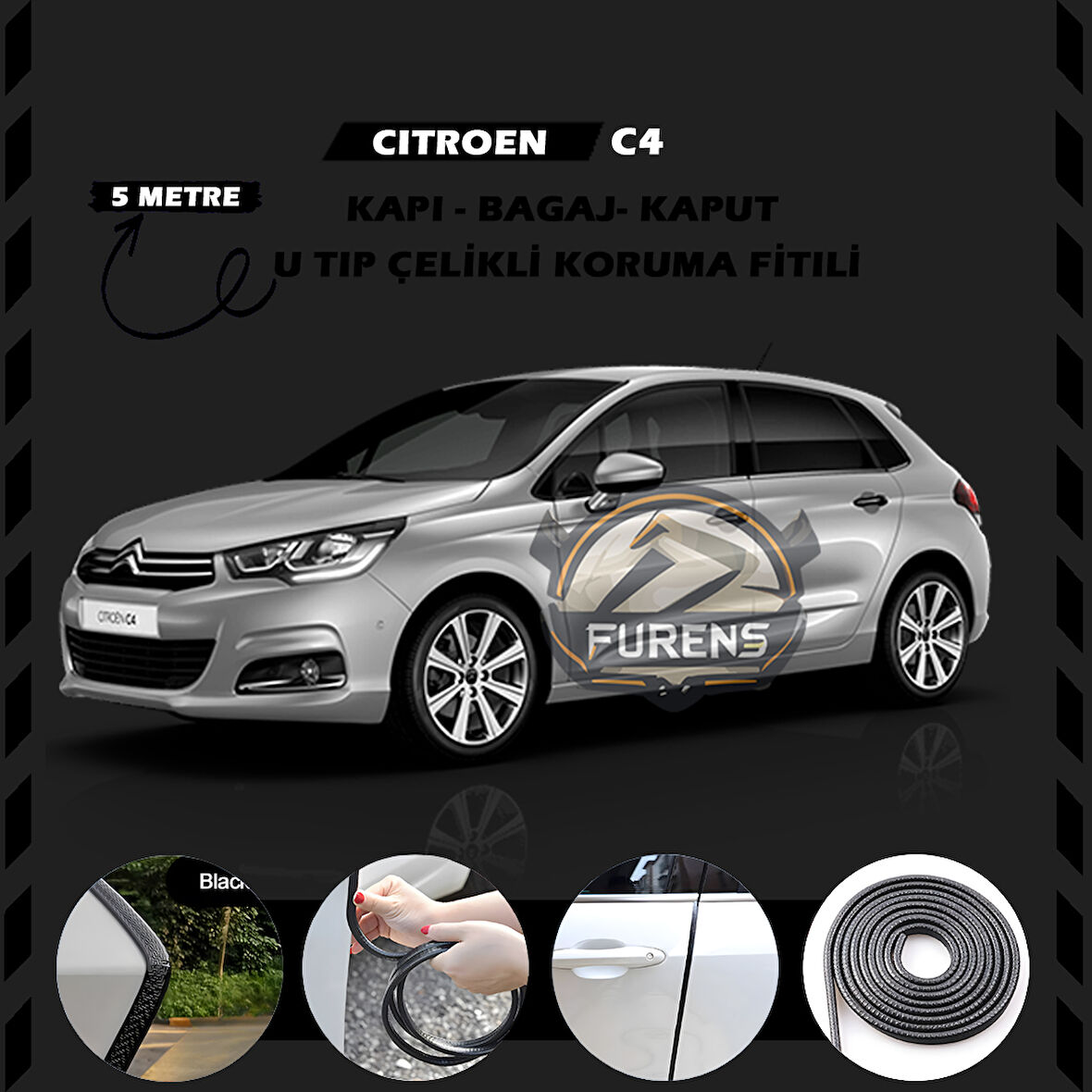 Citroen C4 Oto Araç Kapı Koruma Fitili 5metre Parlak Siyah Renk