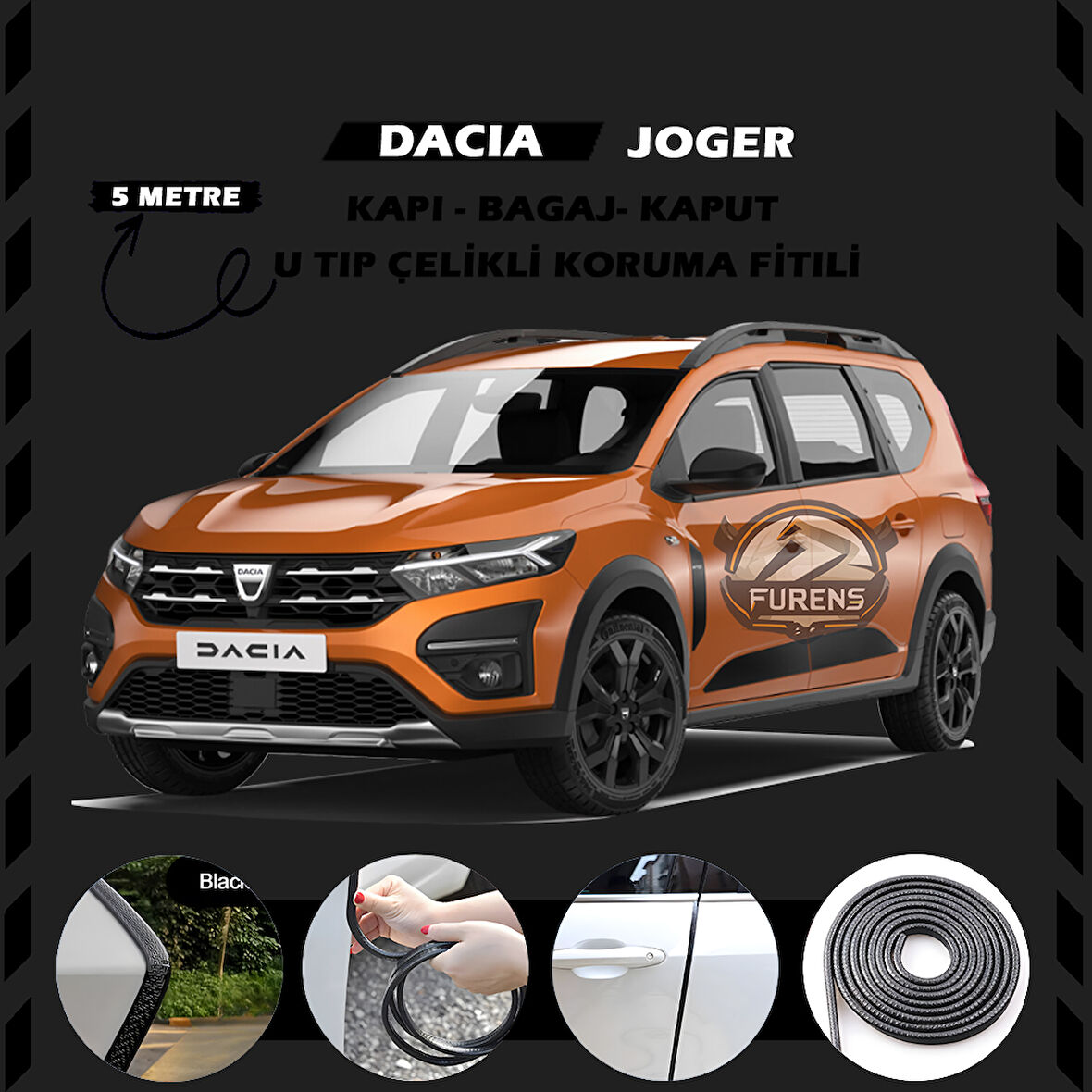 Dacia Joger Oto Araç Kapı Koruma Fitili 5metre Parlak Siyah Renk