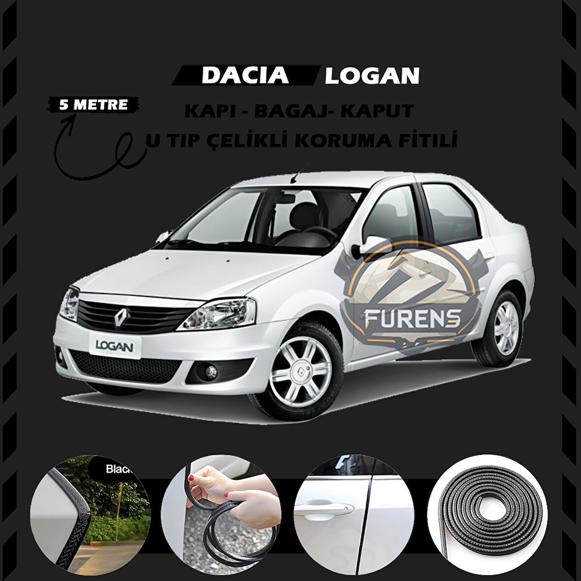 Dacia Logan Oto Araç Kapı Koruma Fitili 5metre Parlak Siyah Renk