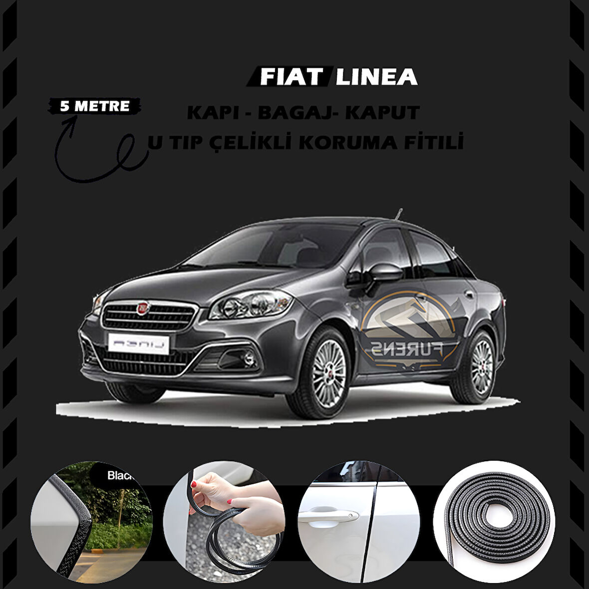 Fiat Linea Oto Araç Kapı Koruma Fitili 5metre Parlak Siyah Renk