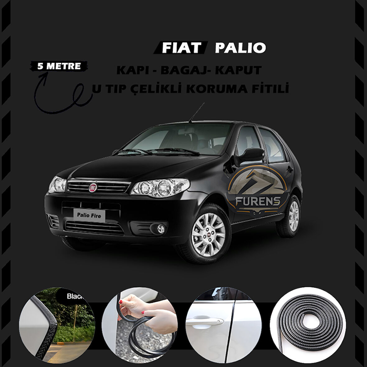 Fiat Palio Oto Araç Kapı Koruma Fitili 5metre Parlak Siyah Renk