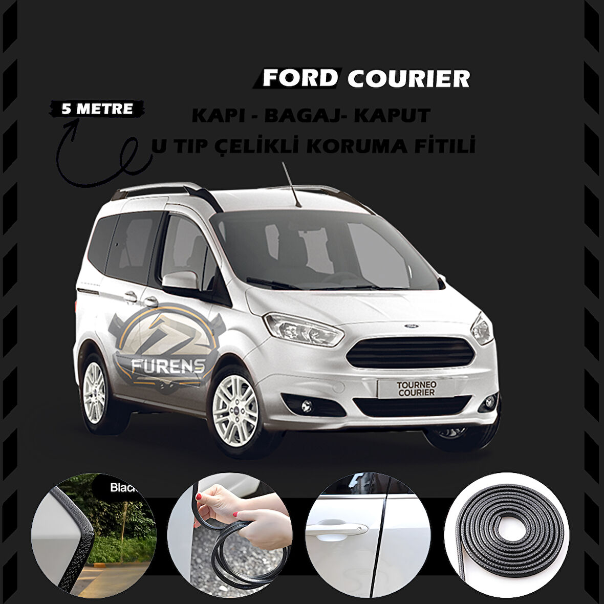 Ford Courier Oto Araç Kapı Koruma Fitili 5metre Parlak Siyah Renk