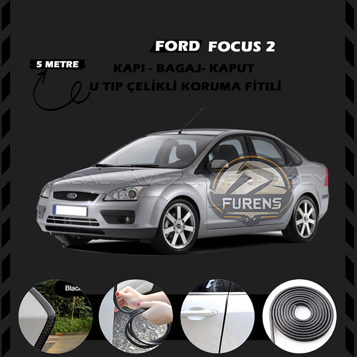 Ford Focus 2 Oto Araç Kapı Koruma Fitili 5metre Parlak Siyah Renk