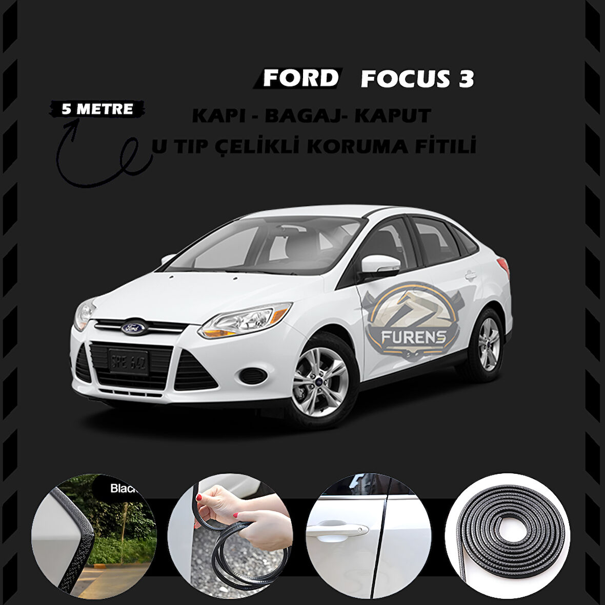 Ford Focus 3 Oto Araç Kapı Koruma Fitili 5metre Parlak Siyah Renk