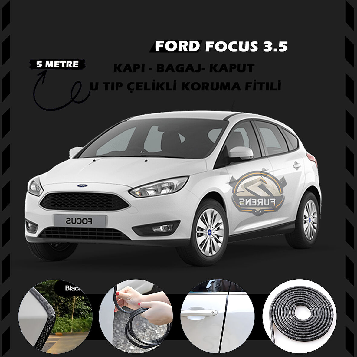 Ford Focus 3.5 Oto Araç Kapı Koruma Fitili 5metre Parlak Siyah Renk