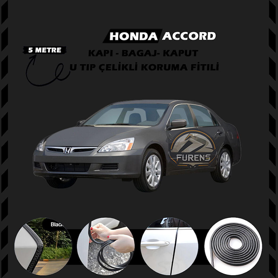 Honda Accord Oto Araç Kapı Koruma Fitili 5metre Parlak Siyah Renk