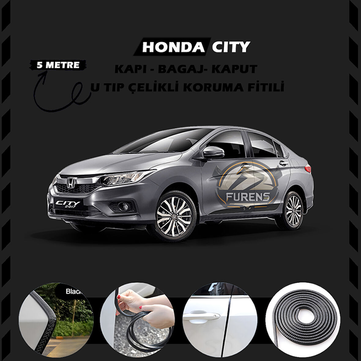 Honda City Oto Araç Kapı Koruma Fitili 5metre Parlak Siyah Renk