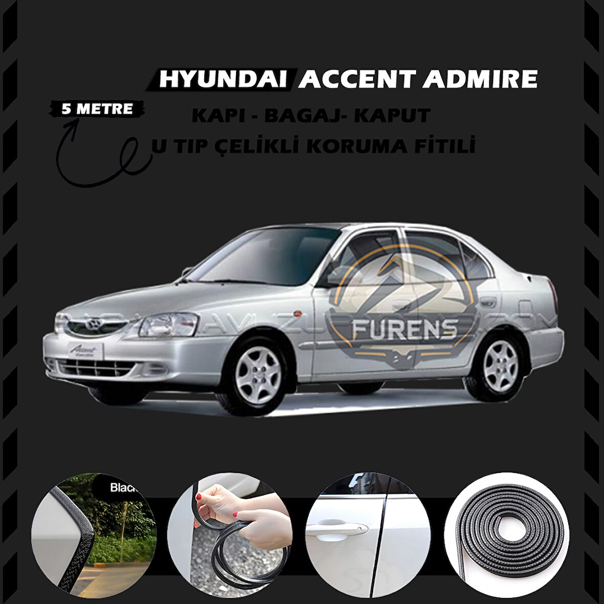 Hyunda Accent Admire Oto Araç Kapı Koruma Fitili 5metre Parlak Siyah Renk