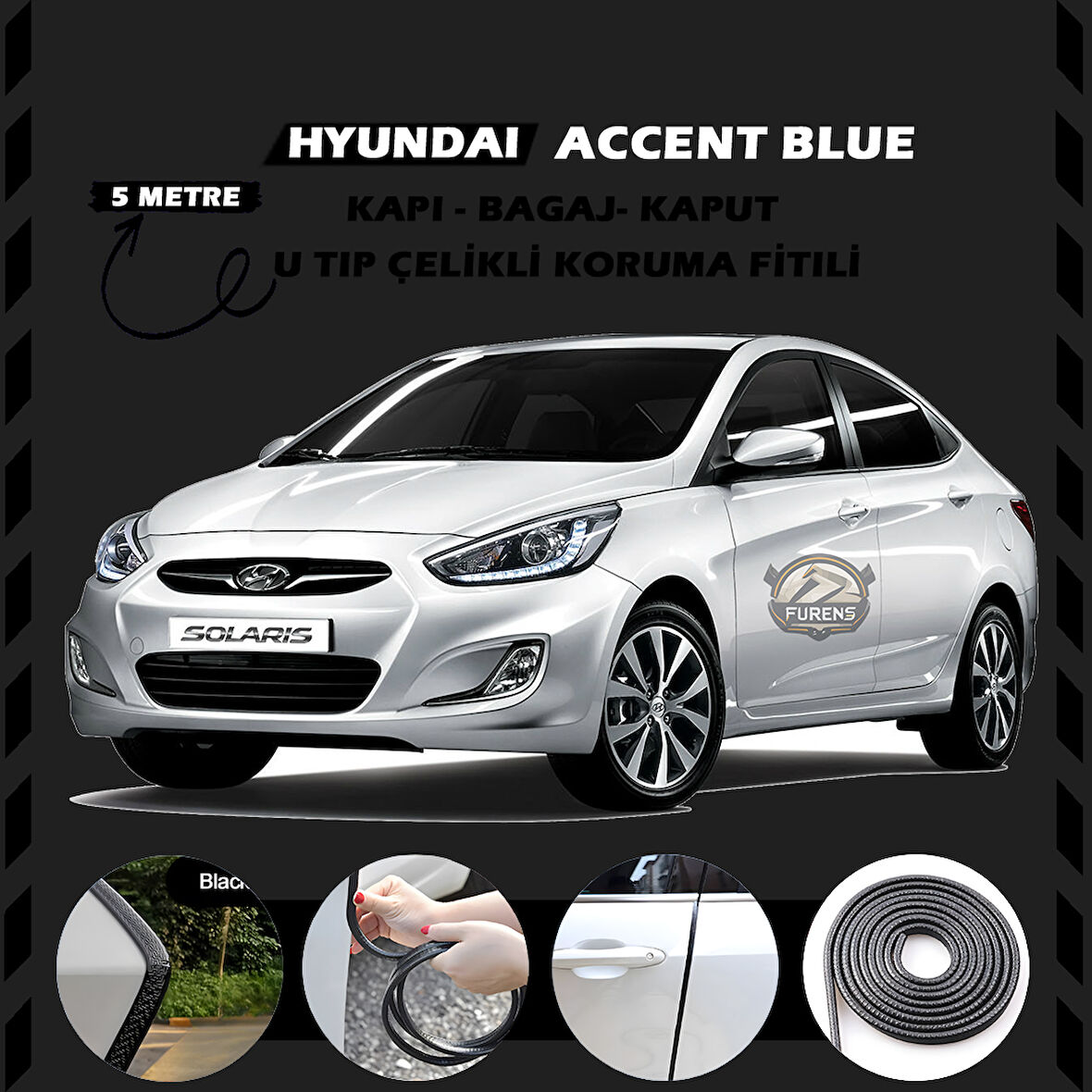 Hyunda Accent Blue Oto Araç Kapı Koruma Fitili 5metre Parlak Siyah Renk