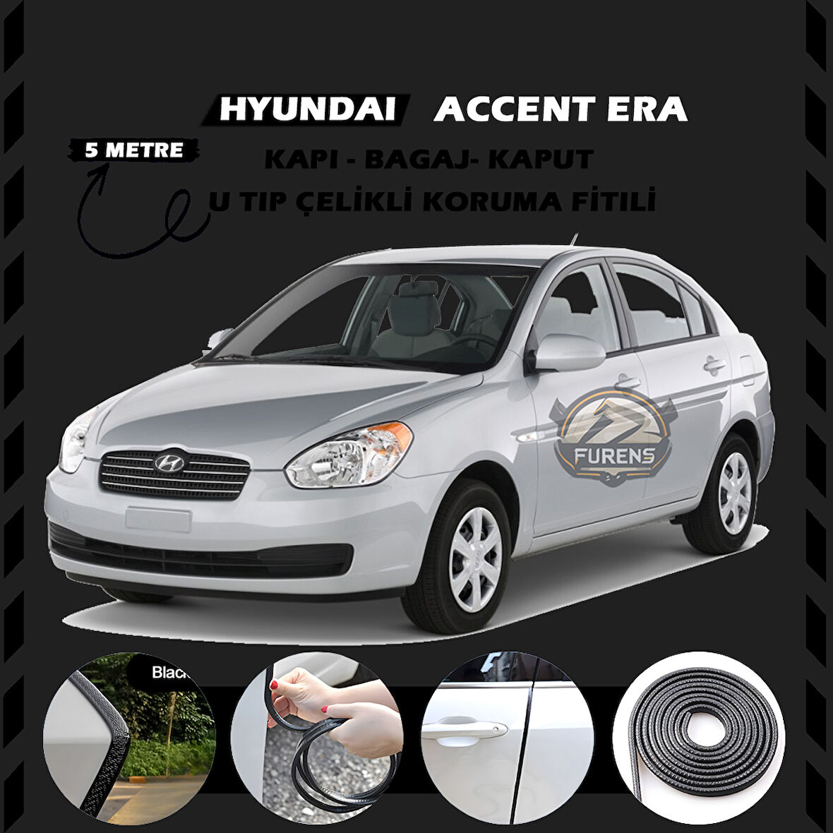 Hyundai Accent Era Oto Araç Kapı Koruma Fitili 5metre Parlak Siyah Renk