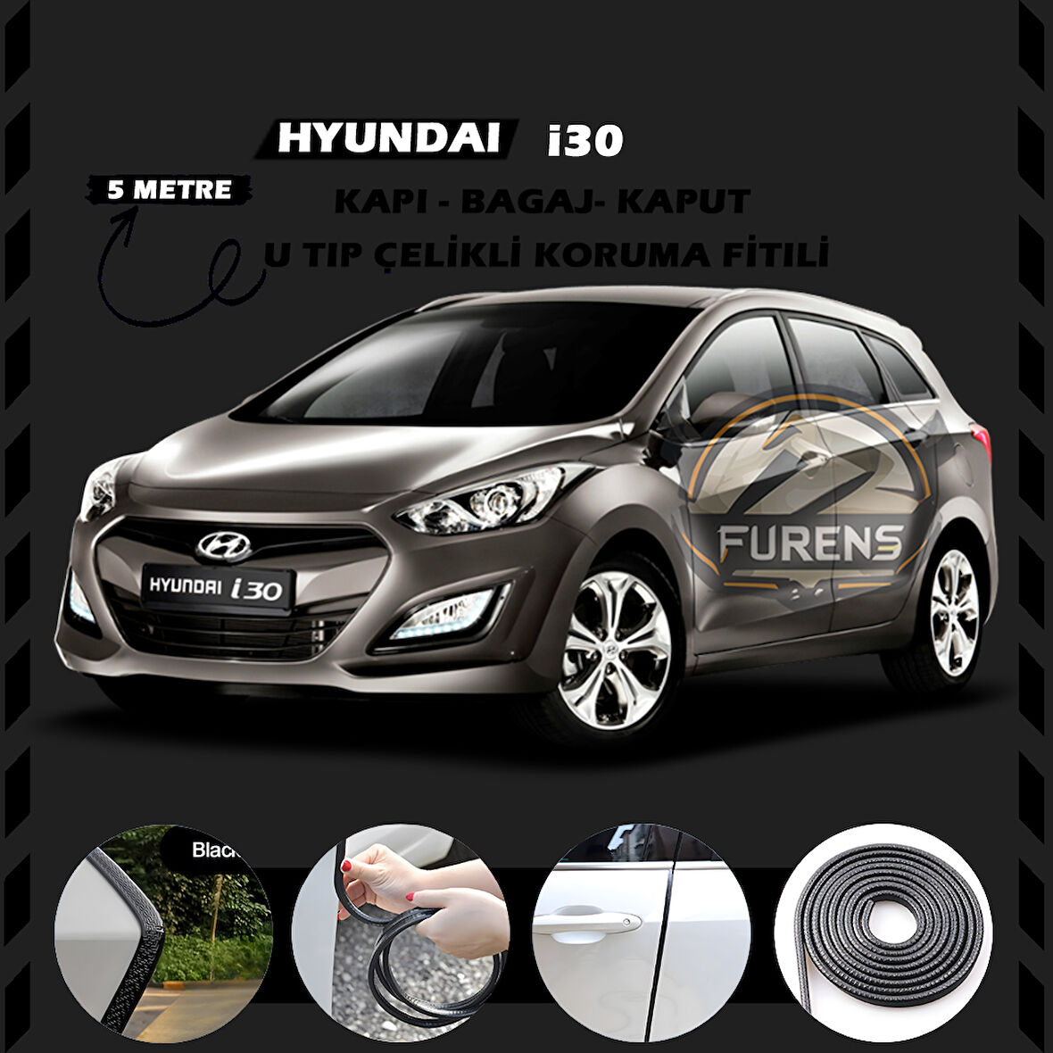 Hyundai İ30 Oto Araç Kapı Koruma Fitili 5metre Parlak Siyah Renk
