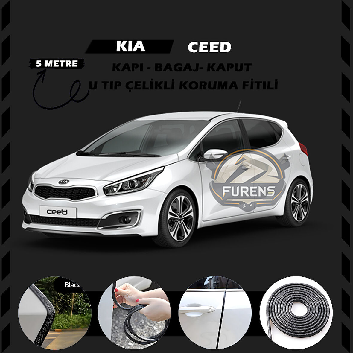 Kia Ceed Oto Araç Kapı Koruma Fitili 5metre Parlak Siyah Renk