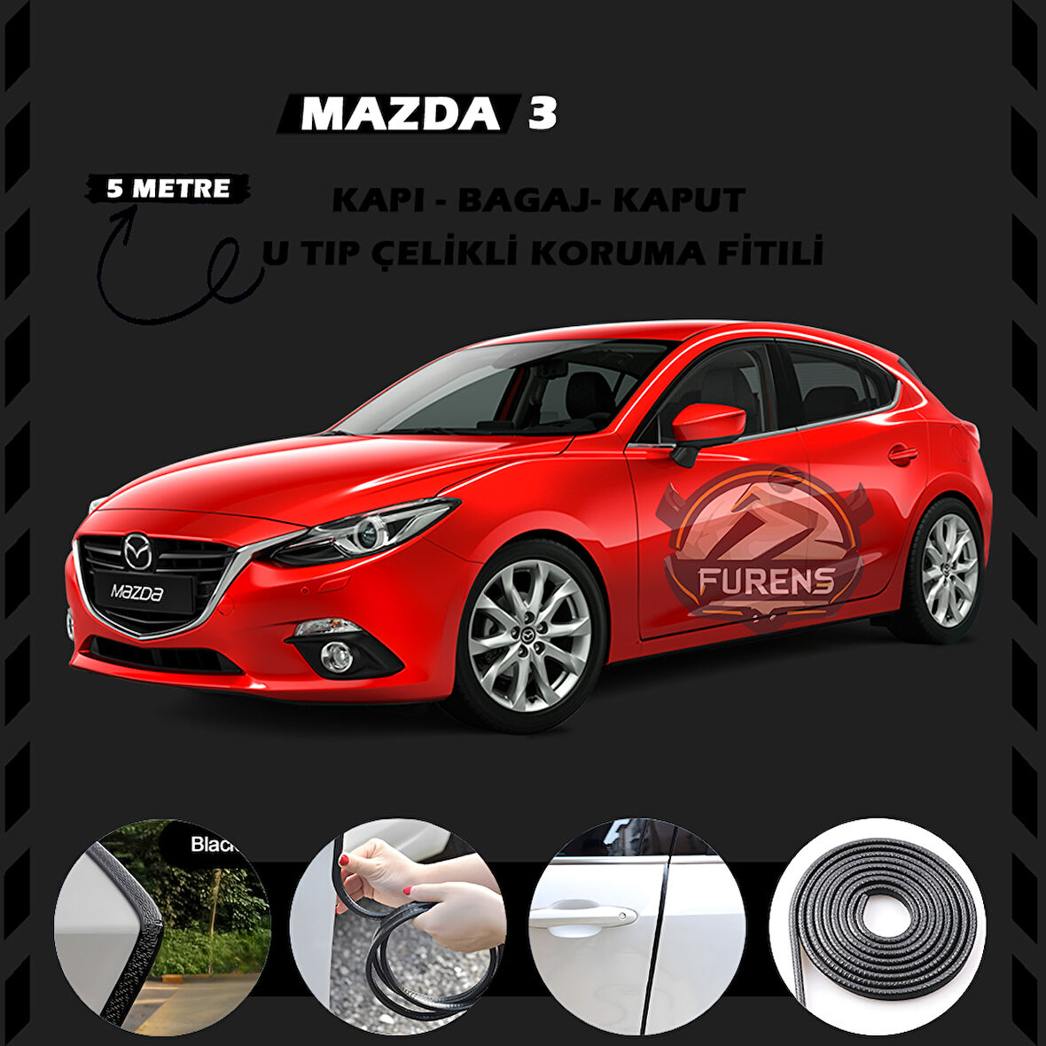 Mazda 3 Oto Araç Kapı Koruma Fitili 5metre Parlak Siyah Renk