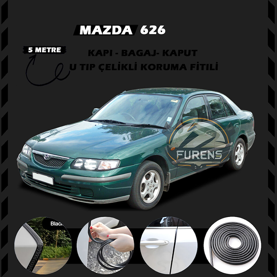 Mazda 626 Oto Araç Kapı Koruma Fitili 5metre Parlak Siyah Renk