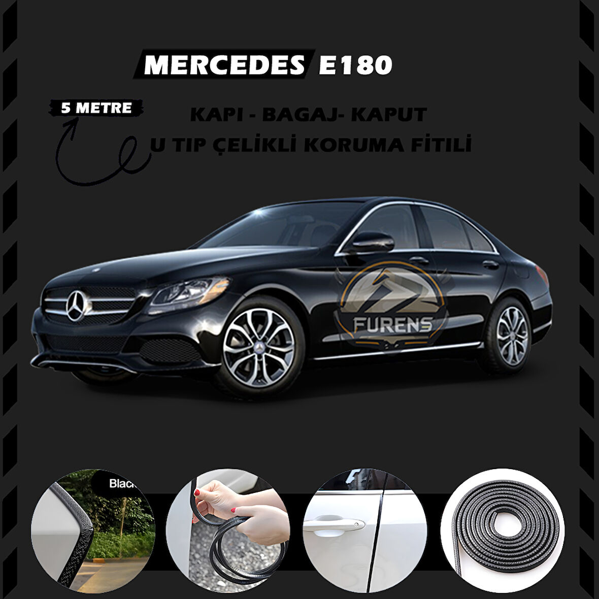 Mercedes E180 Oto Araç Kapı Koruma Fitili 5metre Parlak Siyah Renk