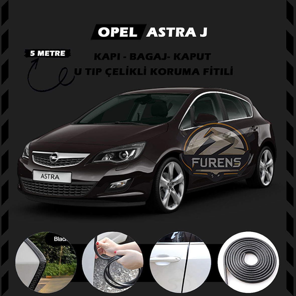 Opel Astra J Oto Araç Kapı Koruma Fitili 5metre Parlak Siyah Renk