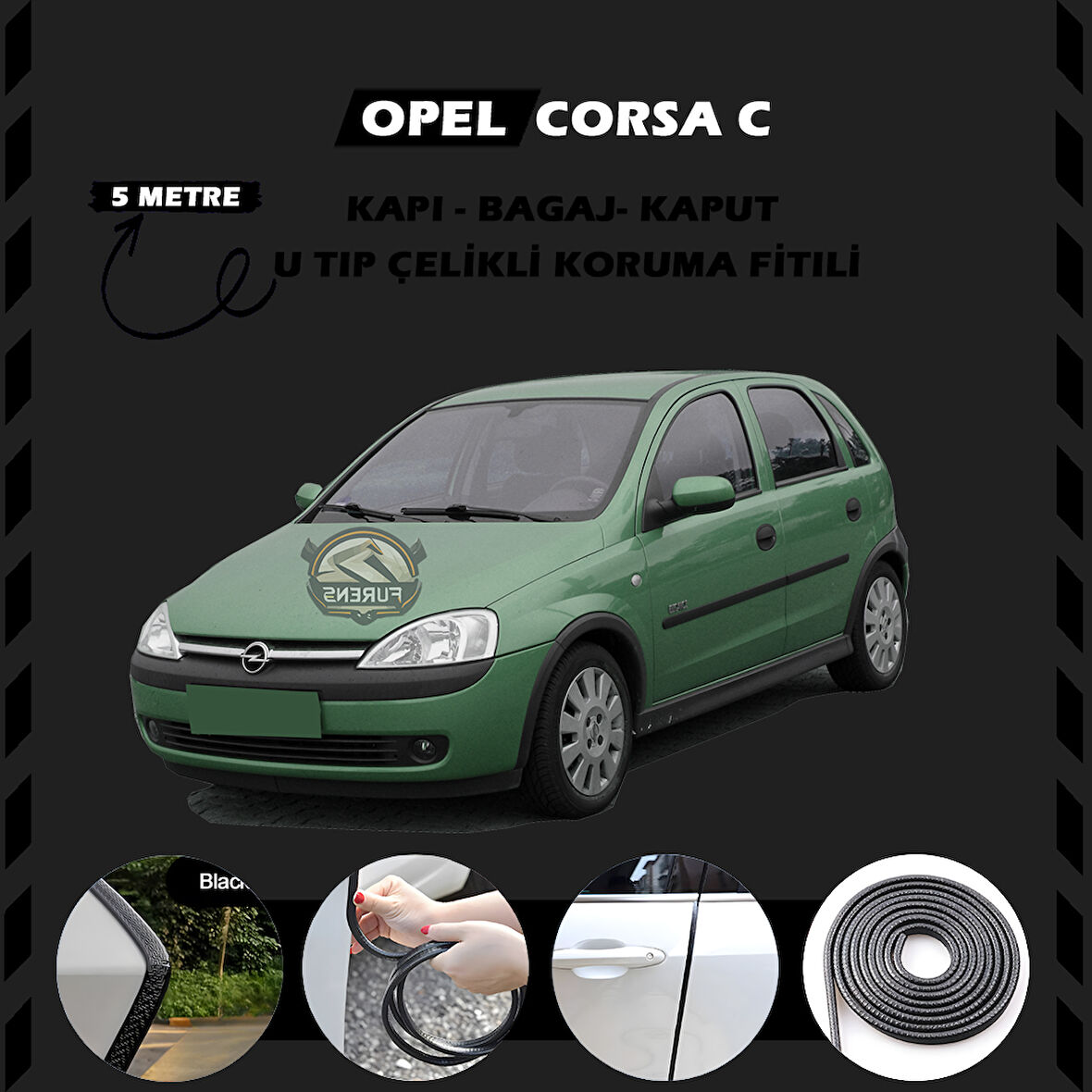 Opel Corsa C Oto Araç Kapı Koruma Fitili 5metre Parlak Siyah Renk