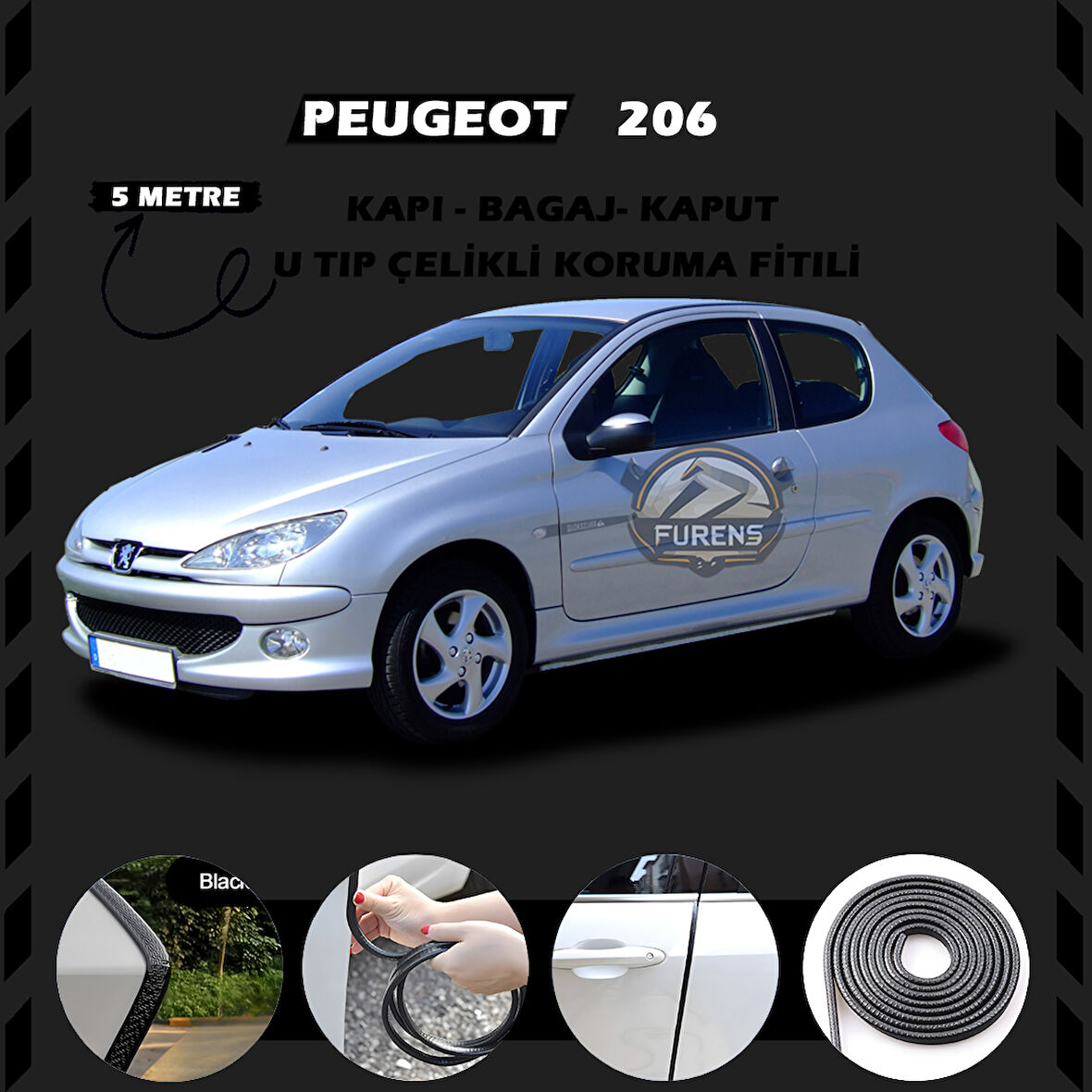 Peugeot 206 Oto Araç Kapı Koruma Fitili 5metre Parlak Siyah Renk