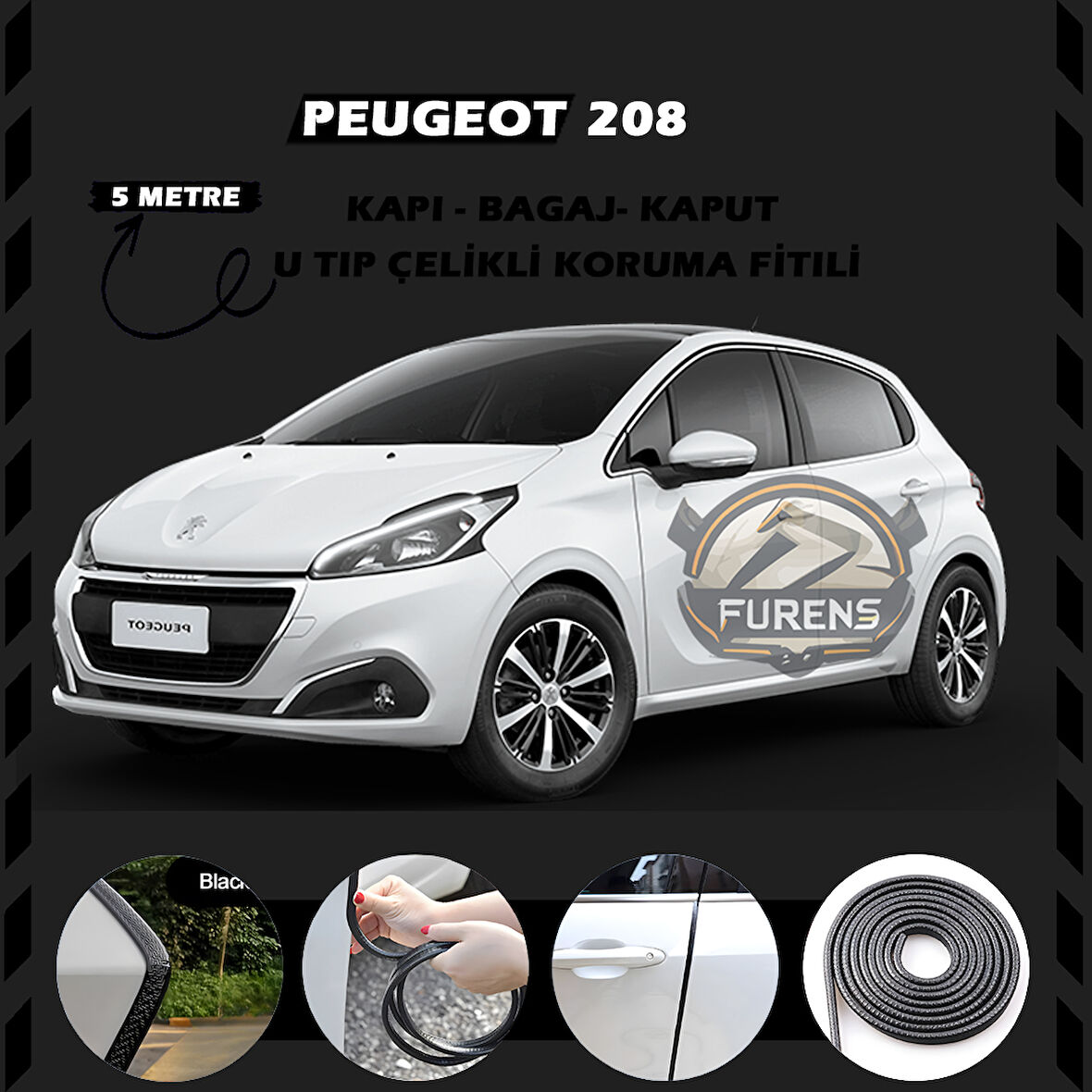 Peugeot 208 Oto Araç Kapı Koruma Fitili 5metre Parlak Siyah Renk