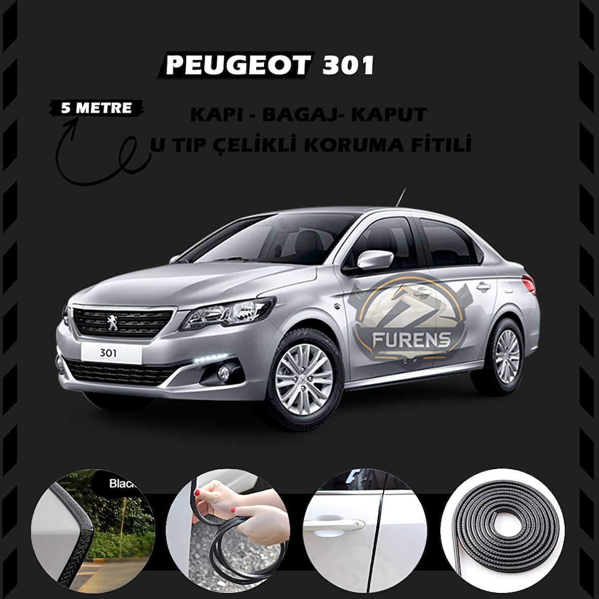 Peugeot 301 Oto Araç Kapı Koruma Fitili 5metre Parlak Siyah Renk