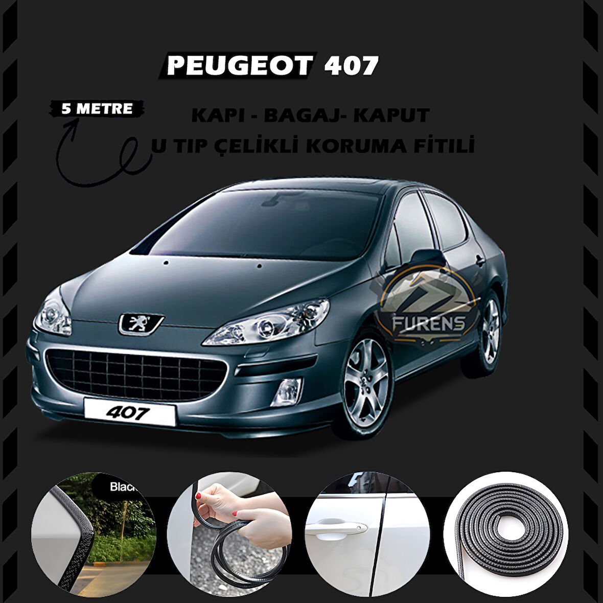 Peugeot 407 Oto Araç Kapı Koruma Fitili 5metre Parlak Siyah Renk