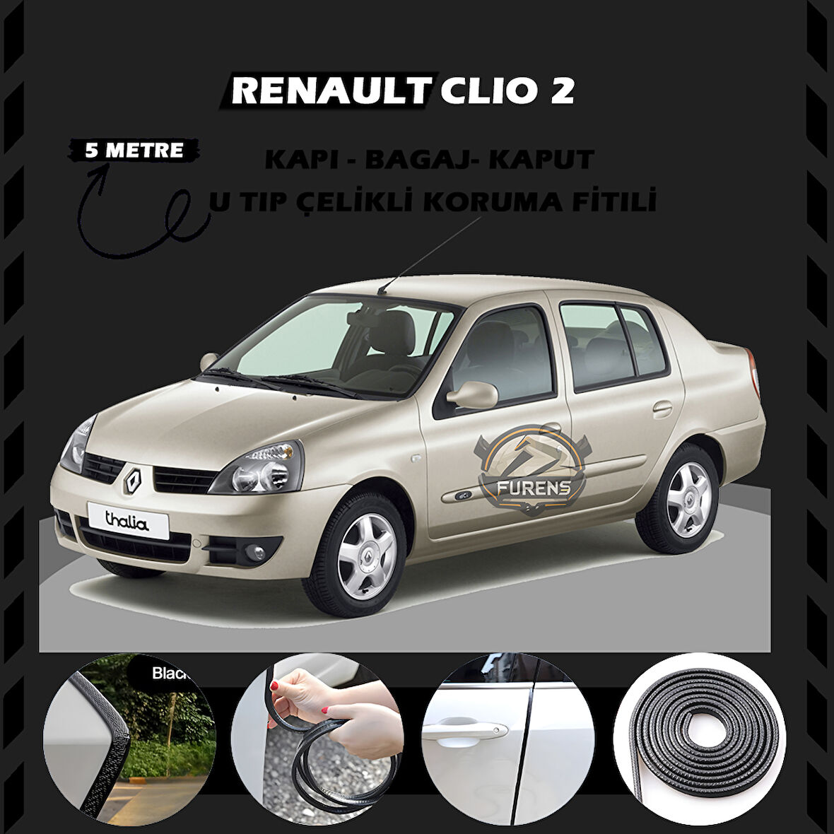 Renault Clio 2 Oto Araç Kapı Koruma Fitili 5metre Parlak Siyah Renk