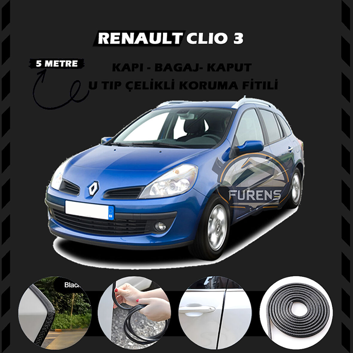 Renault Clio 3 Oto Araç Kapı Koruma Fitili 5metre Parlak Siyah Renk