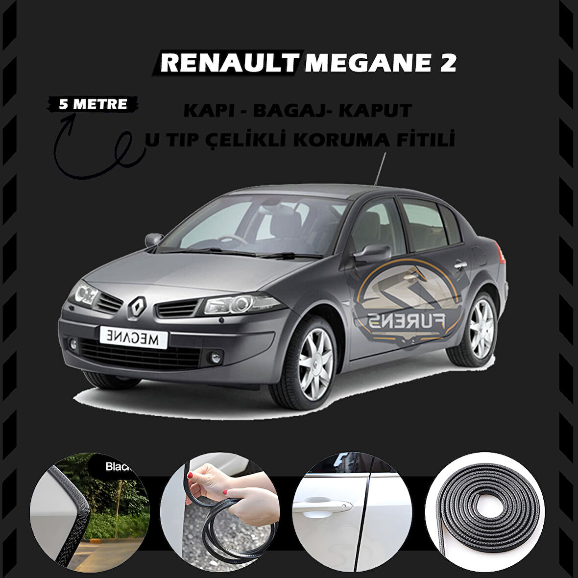 Renault Megane 2 Oto Araç Kapı Koruma Fitili 5metre Parlak Siyah Renk