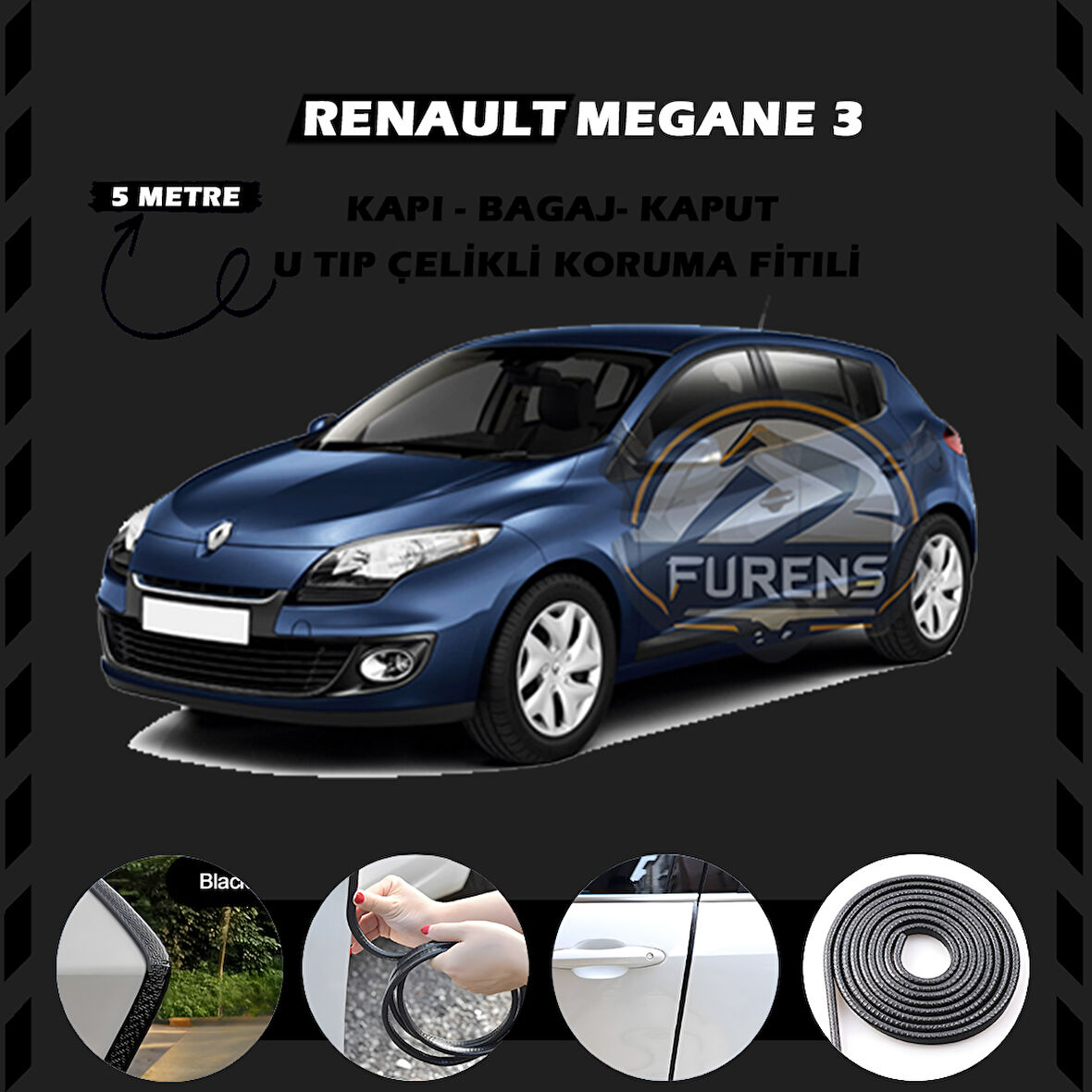 Renault Megane 3 Oto Araç Kapı Koruma Fitili 5metre Parlak Siyah Renk