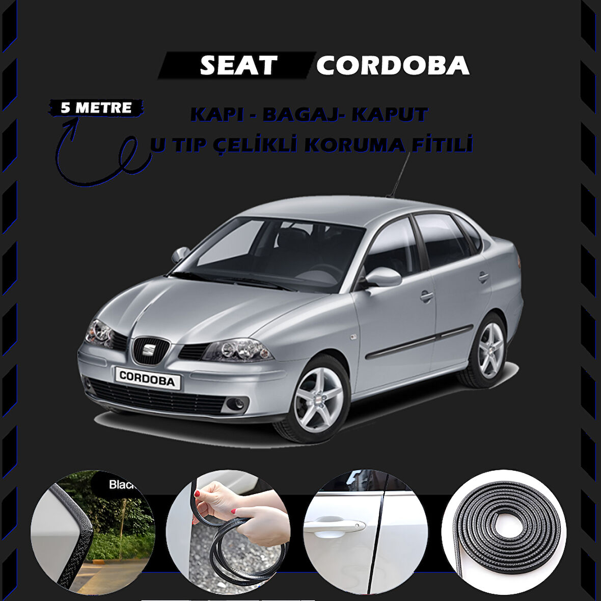 Seat Cordoba Oto Araç Kapı Koruma Fitili 5metre Parlak Siyah Renk