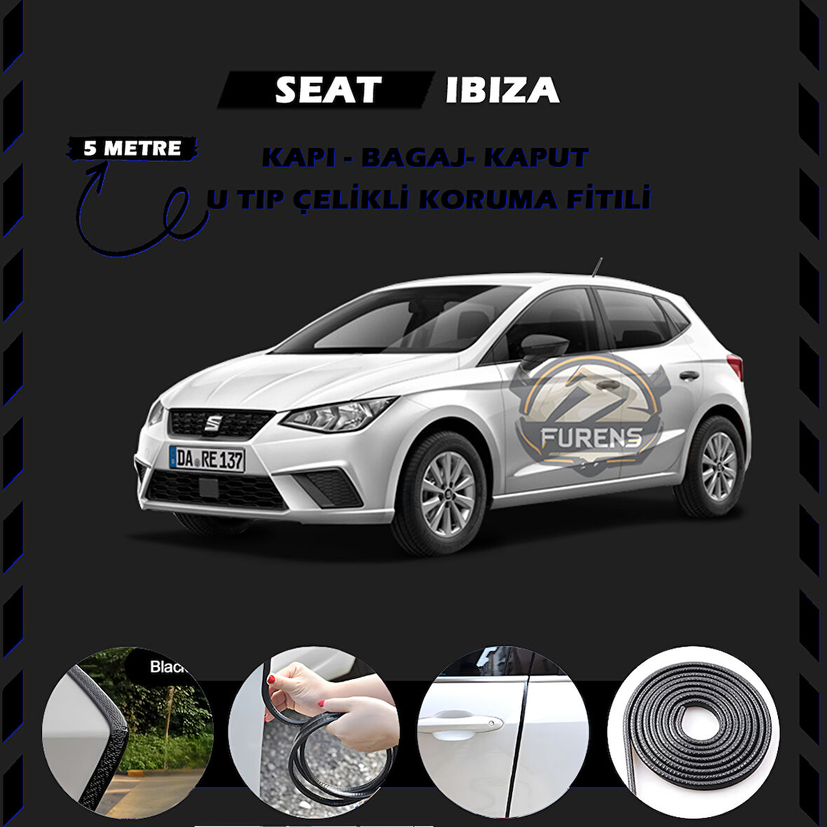 Seat Ibıza Oto Araç Kapı Koruma Fitili 5metre Parlak Siyah Renk