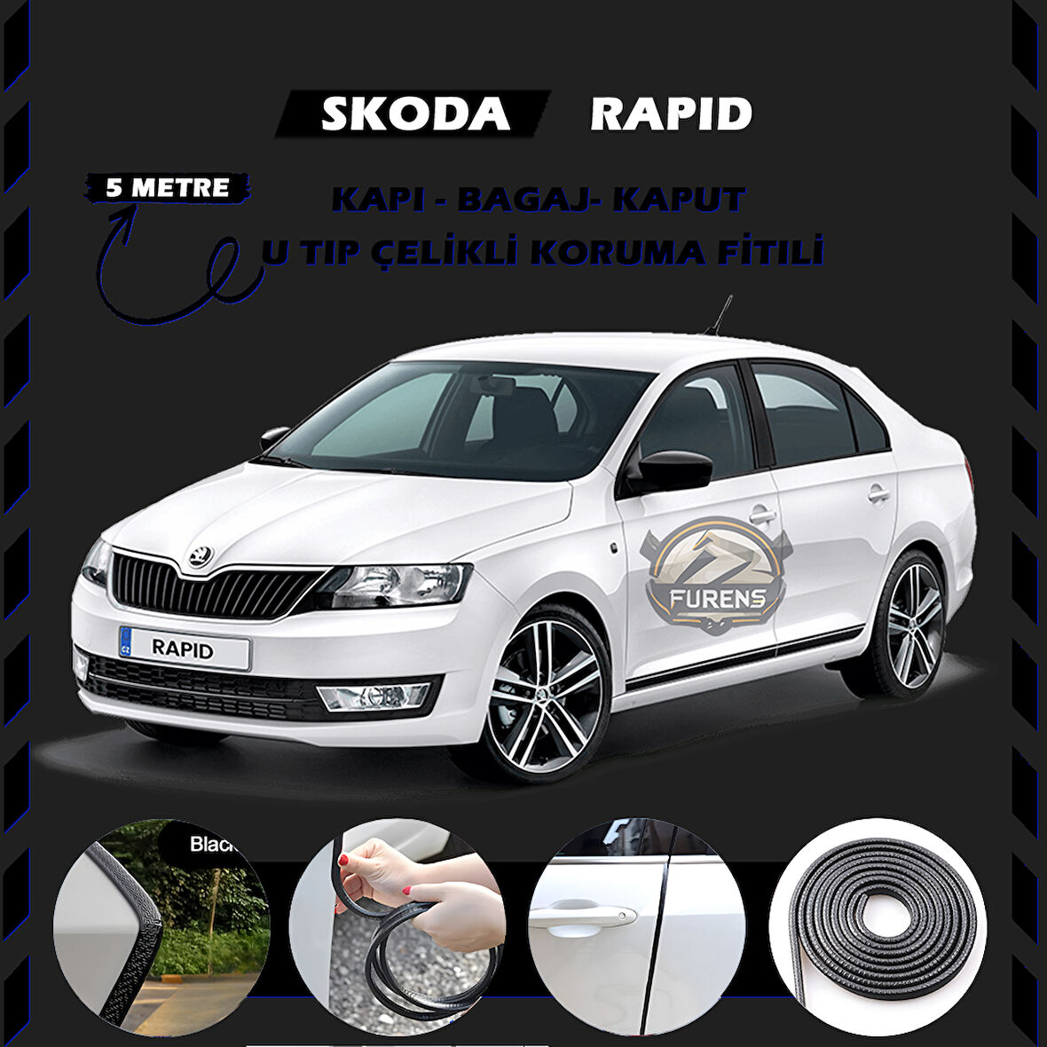 Skoda Rapid Oto Araç Kapı Koruma Fitili 5metre Parlak Siyah Renk
