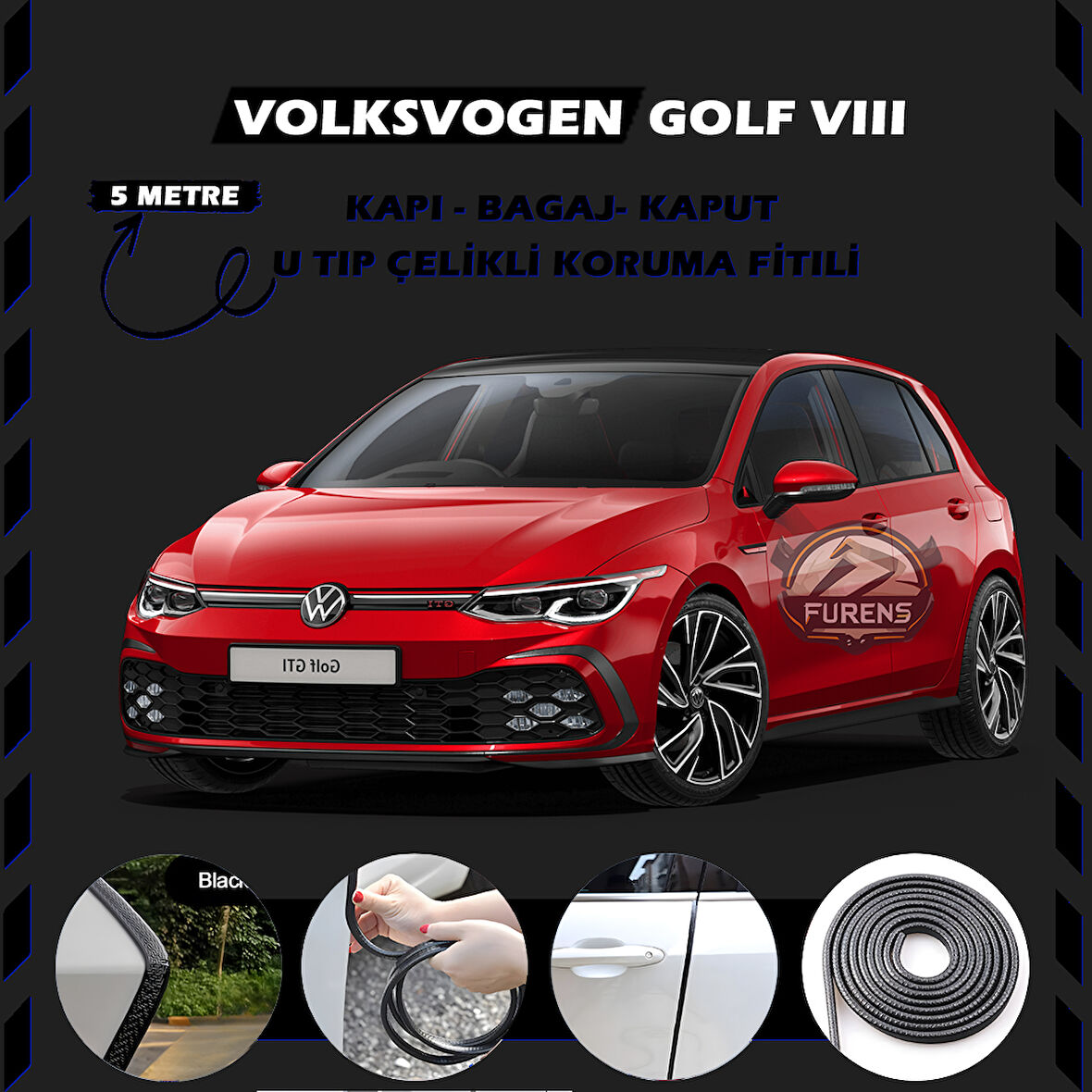 Volksvogen Golf 8 Oto Araç Kapı Koruma Fitili 5metre Parlak Siyah Renk