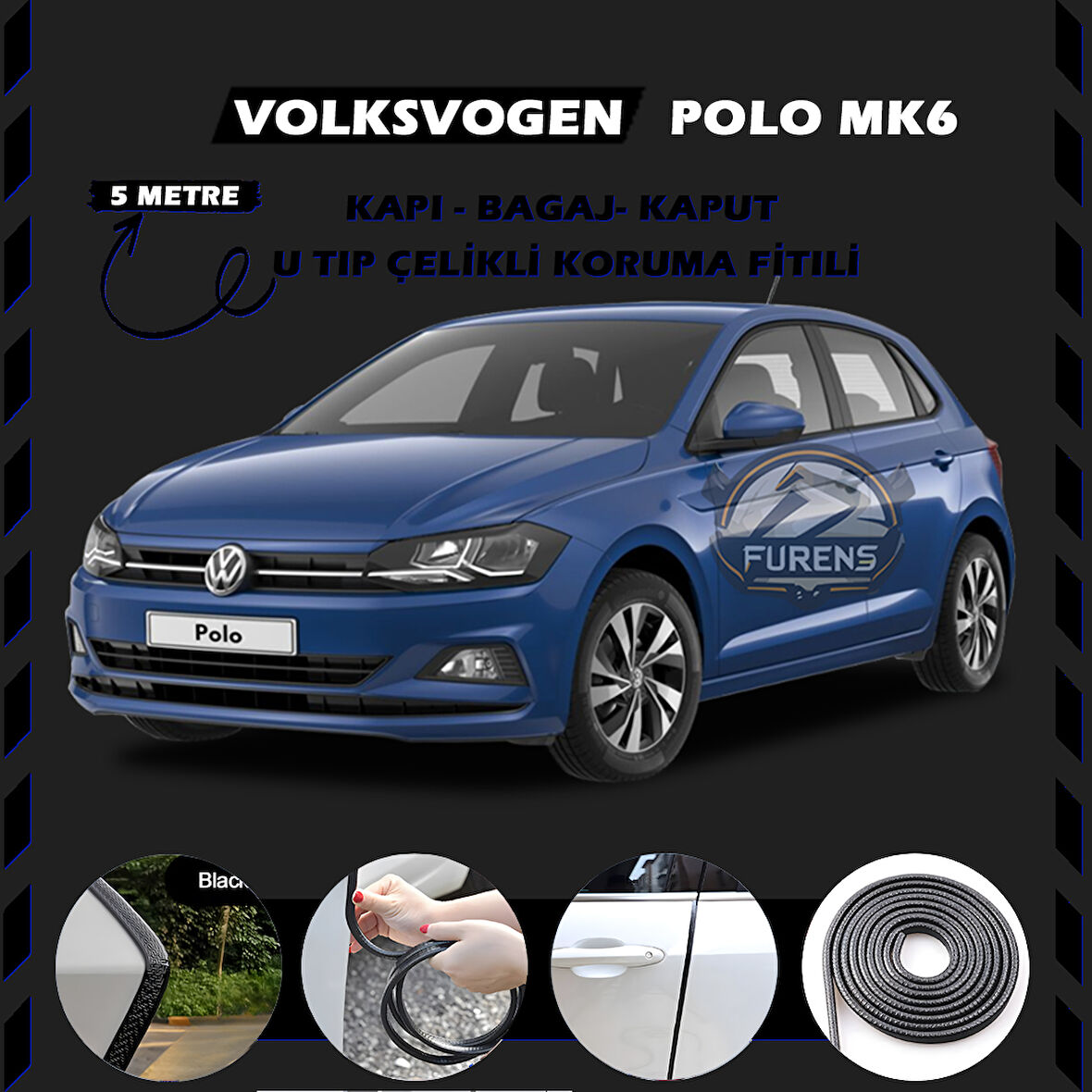 Volksvogen Polo MK6 Oto Araç Kapı Koruma Fitili 5metre Parlak Siyah Renk