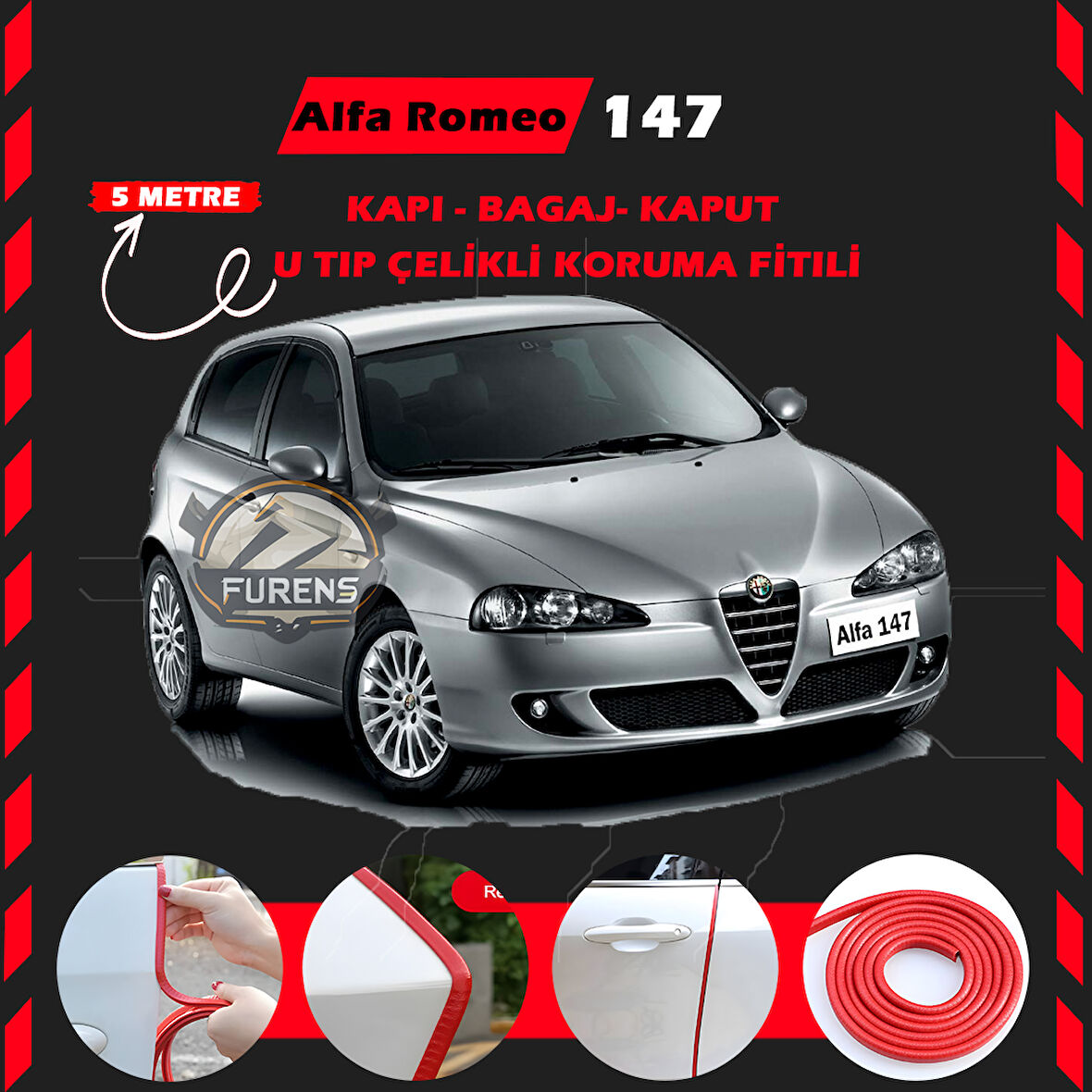 Alfa Romeo 147 Oto Araç Kapı Koruma Fitili 5metre Parlak Kırmızı Renk