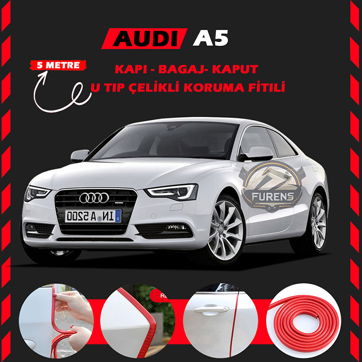 Audi A5 Oto Araç Kapı Koruma Fitili 5metre Parlak Kırmızı Renk
