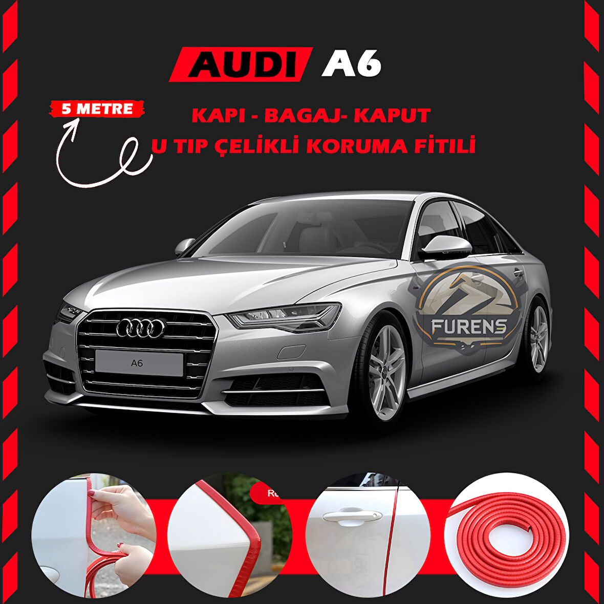 Audi A6  Oto Araç Kapı Koruma Fitili 5metre Parlak Kırmızı Renk