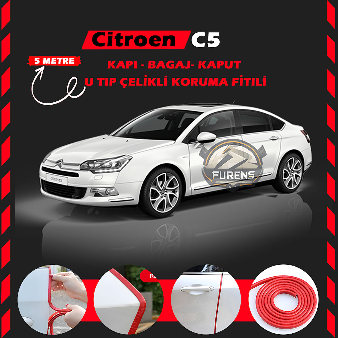 Citroen C5 Oto Araç Kapı Koruma Fitili 5metre Parlak Kırmızı Renk