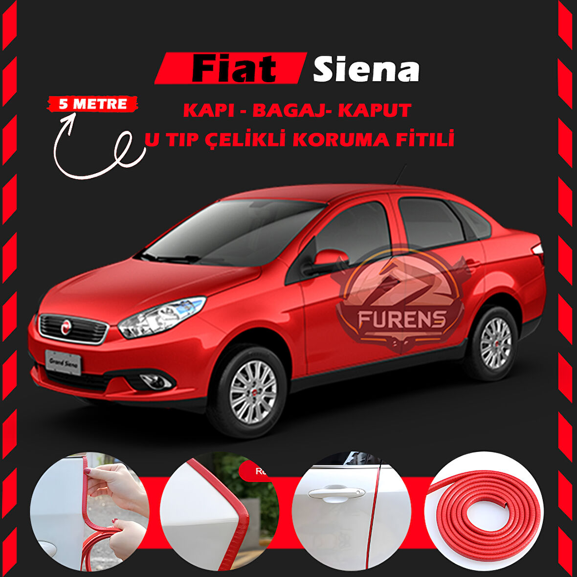 Fiat Siena Oto Araç Kapı Koruma Fitili 5metre Parlak Kırmızı Renk