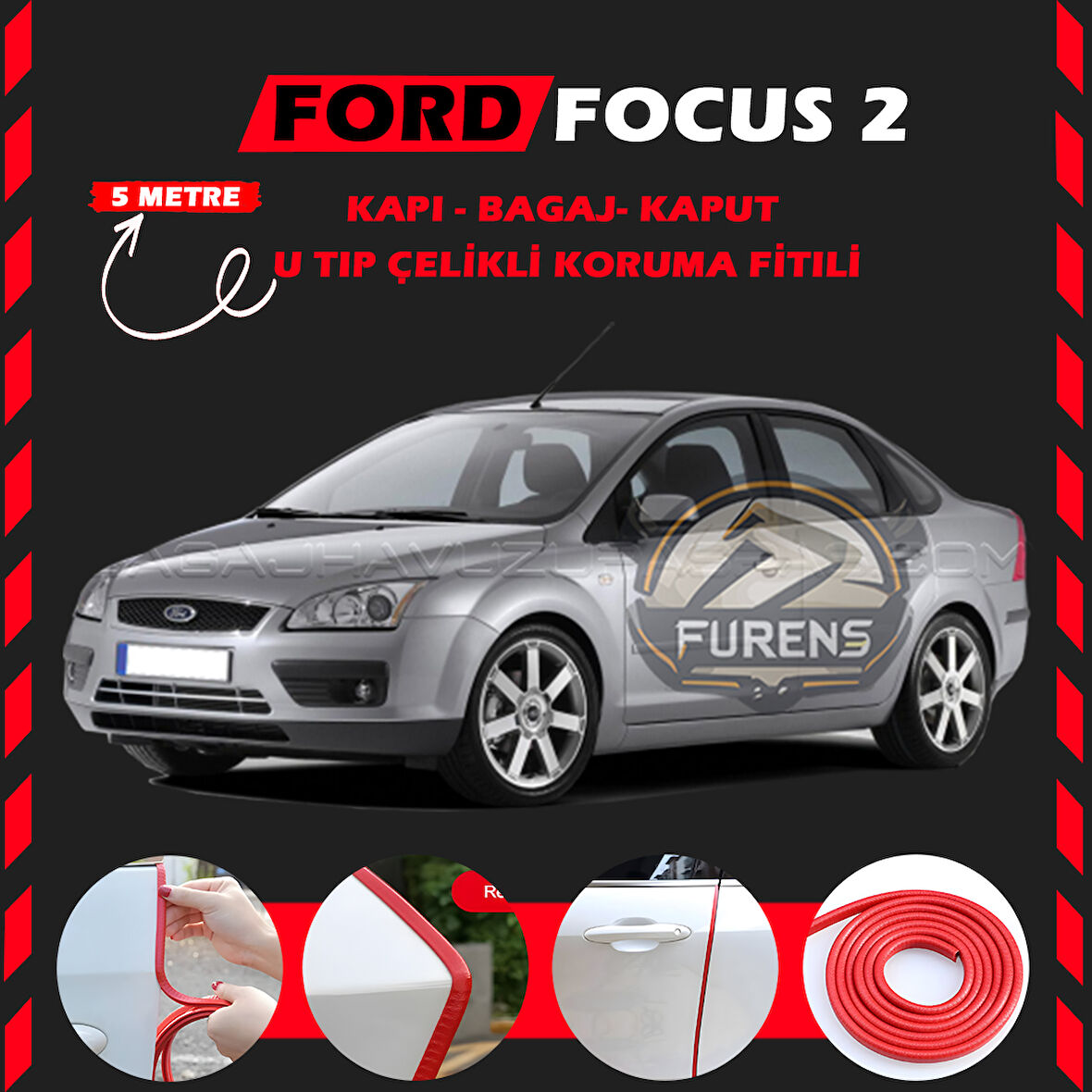 Ford Focus 2 Oto Araç Kapı Koruma Fitili 5metre Parlak Kırmızı Renk