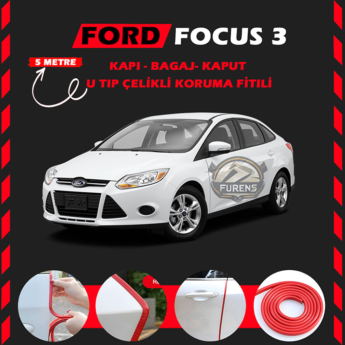 Ford Focus 3 Oto Araç Kapı Koruma Fitili 5metre Parlak Kırmızı Renk
