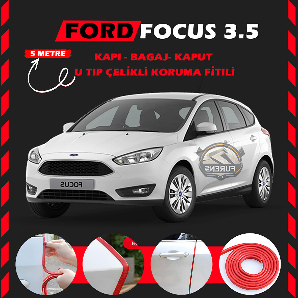 Ford Focus 3.5 Oto Araç Kapı Koruma Fitili 5metre Parlak Kırmızı Renk