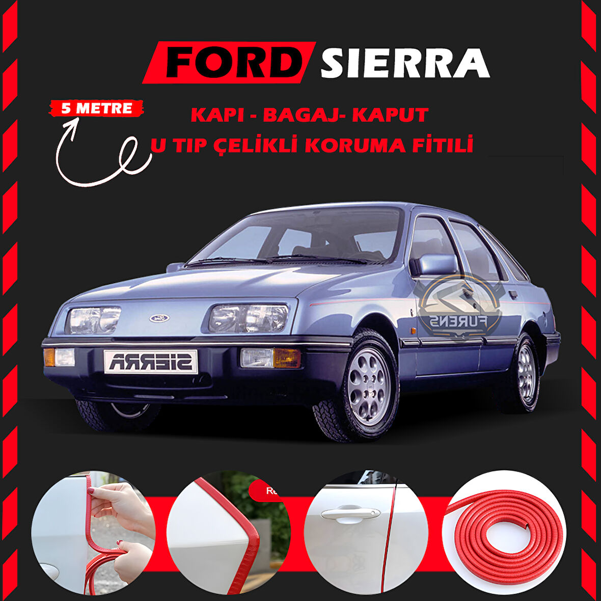 Ford Sierra Oto Araç Kapı Koruma Fitili 5metre Parlak Kırmızı Renk