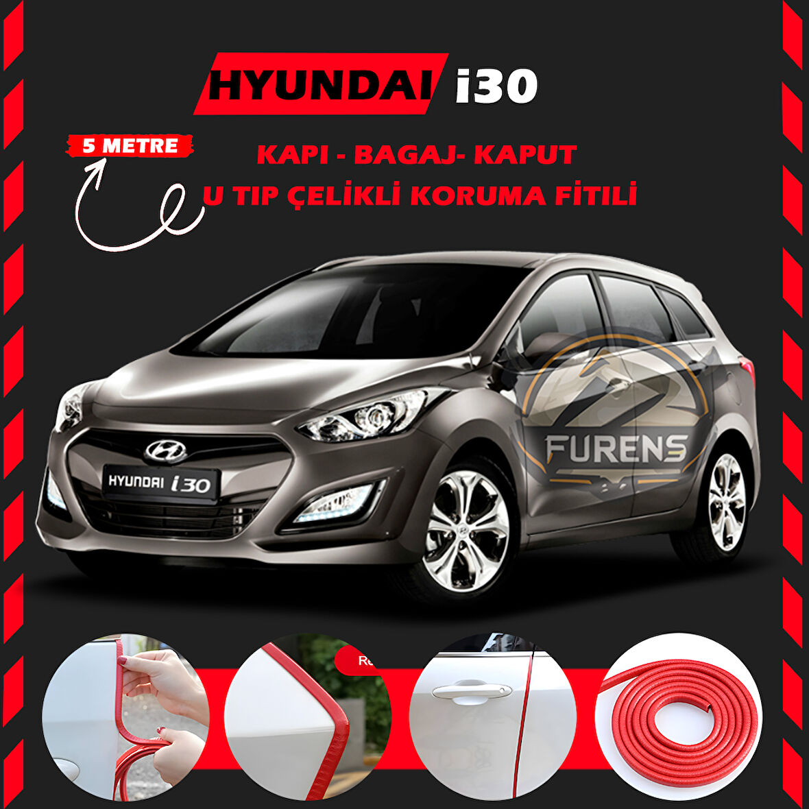 Hyundai İ30 Oto Araç Kapı Koruma Fitili 5metre Parlak Kırmızı Renk