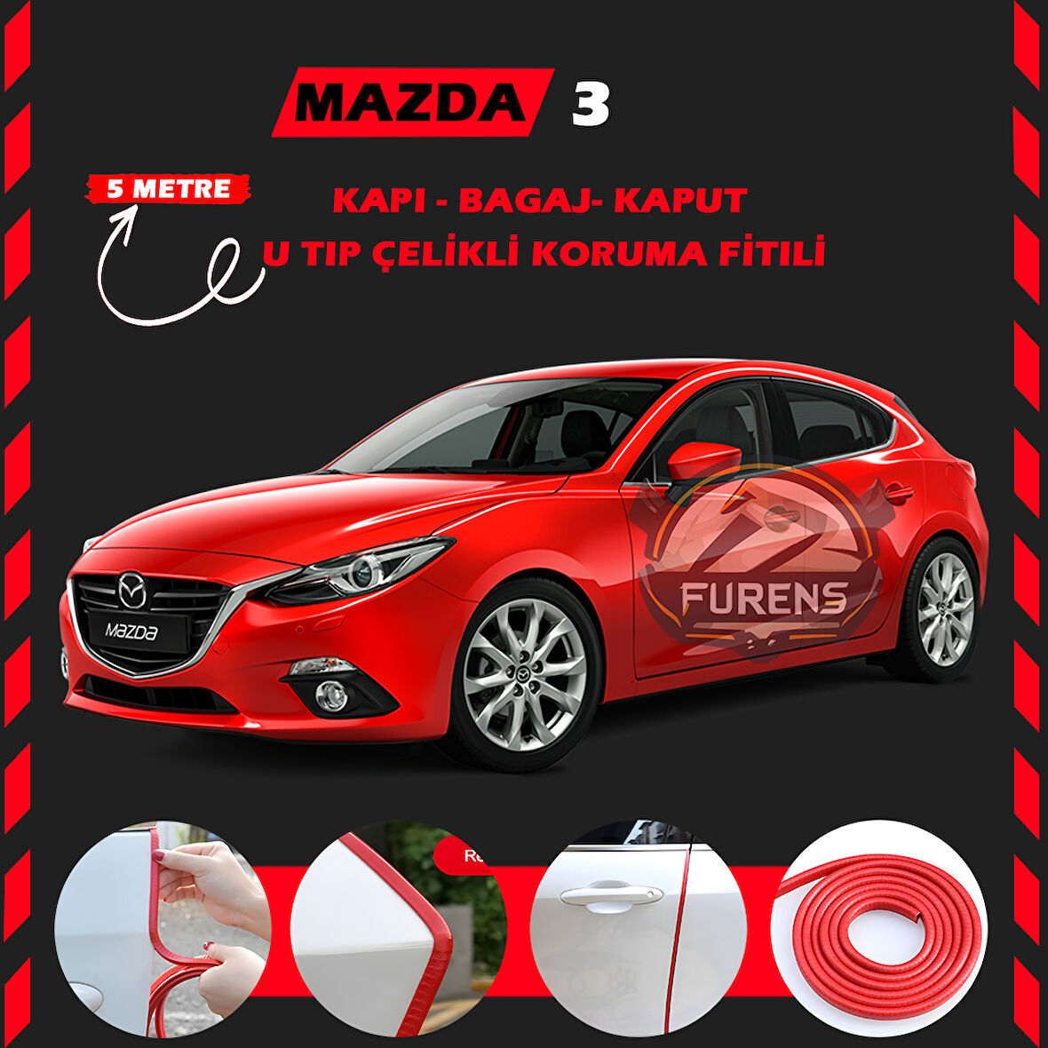Mazda 3 Oto Araç Kapı Koruma Fitili 5metre Parlak Kırmızı Renk