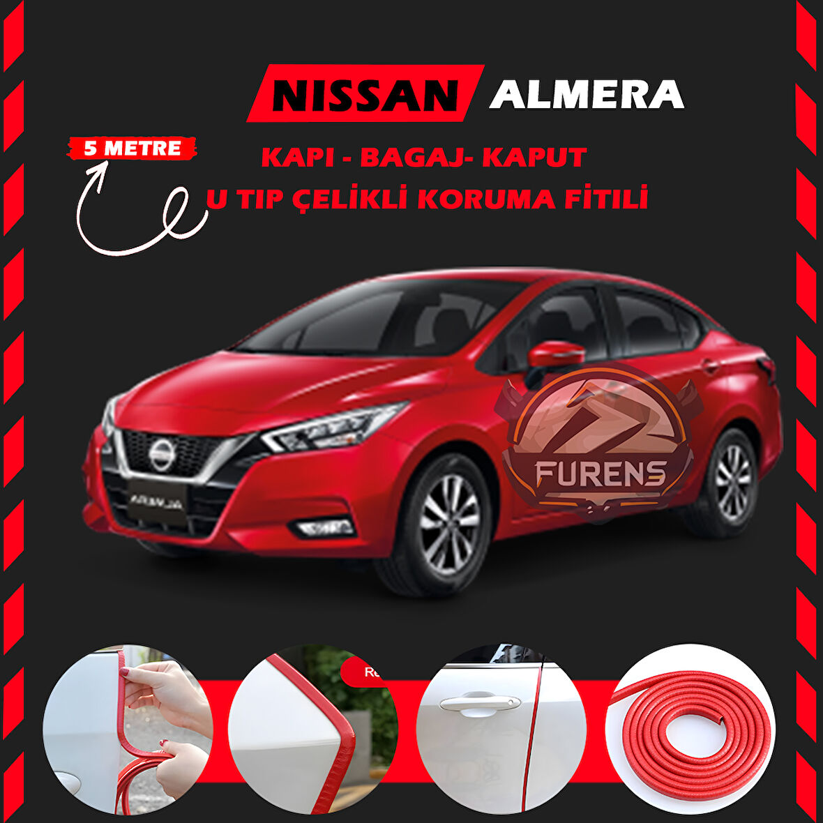 Nissan Almera Oto Araç Kapı Koruma Fitili 5metre Parlak Kırmızı Renk