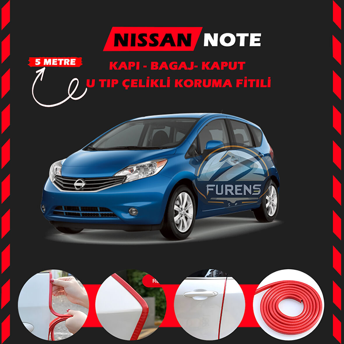 Nissan Note Oto Araç Kapı Koruma Fitili 5metre Parlak Kırmızı Renk
